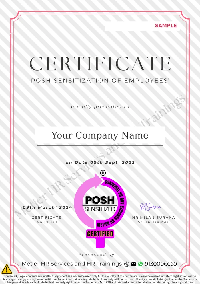 Sample POSH Sensitized company certificate