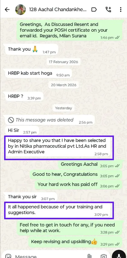 Student success message to Milan Surana on WhatsApp