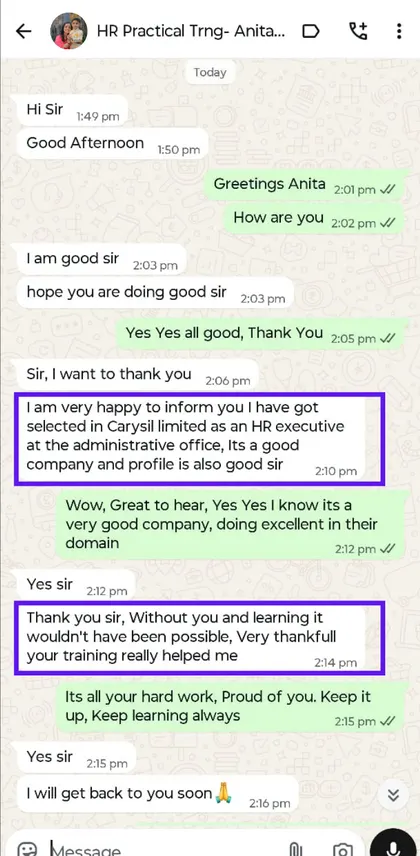 Student success message to Milan Surana on WhatsApp