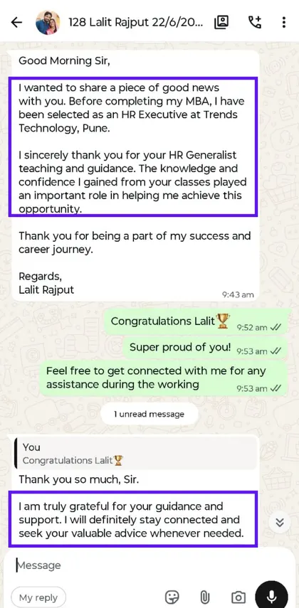 Student success message to Milan Surana on WhatsApp