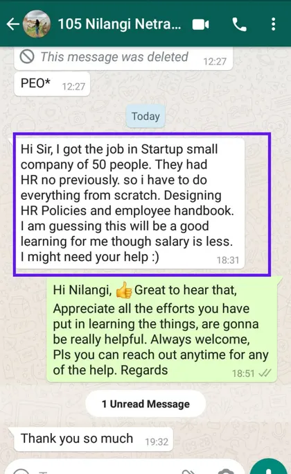 Student success message to Milan Surana on WhatsApp