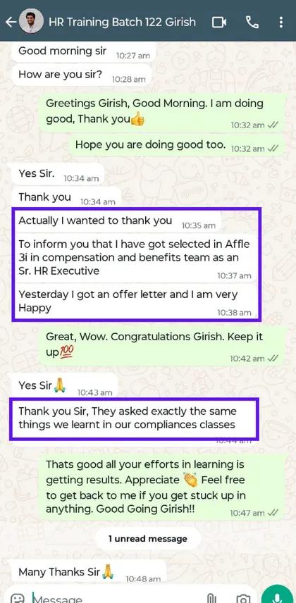 Student success message to Milan Surana on WhatsApp