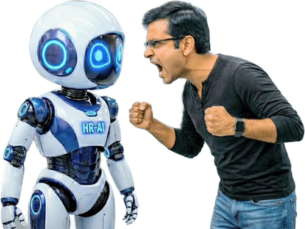 An HR professional face to face with an HR-AI robot: Smart HR AI Edition by Metier HR Services and HR Trainings