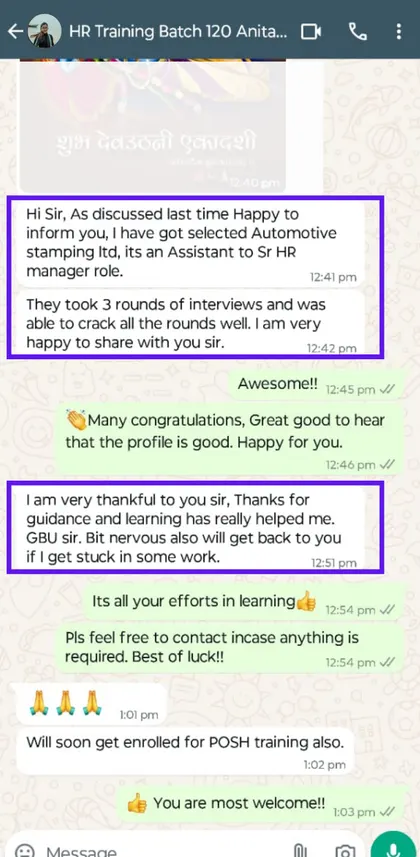 Student success message to Milan Surana on WhatsApp